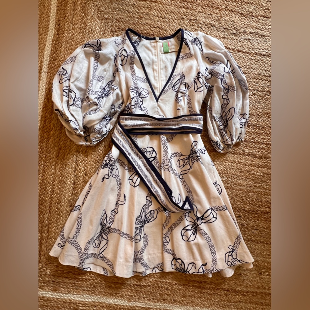 ZIMMERMANN DAY LINEN MINI DRESS NAVY BOWS PRINT SIZE 3 L PERFECT CONDITION